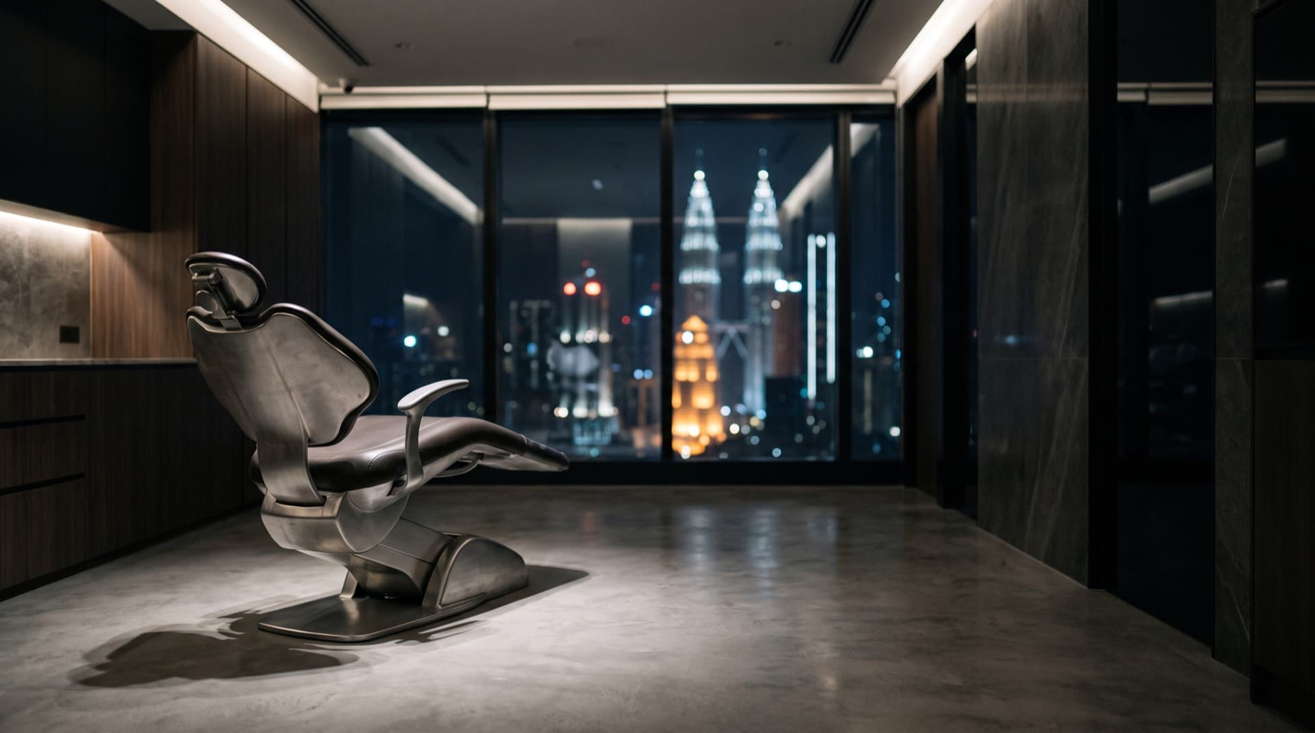Modern dental treatment room with soft evening light