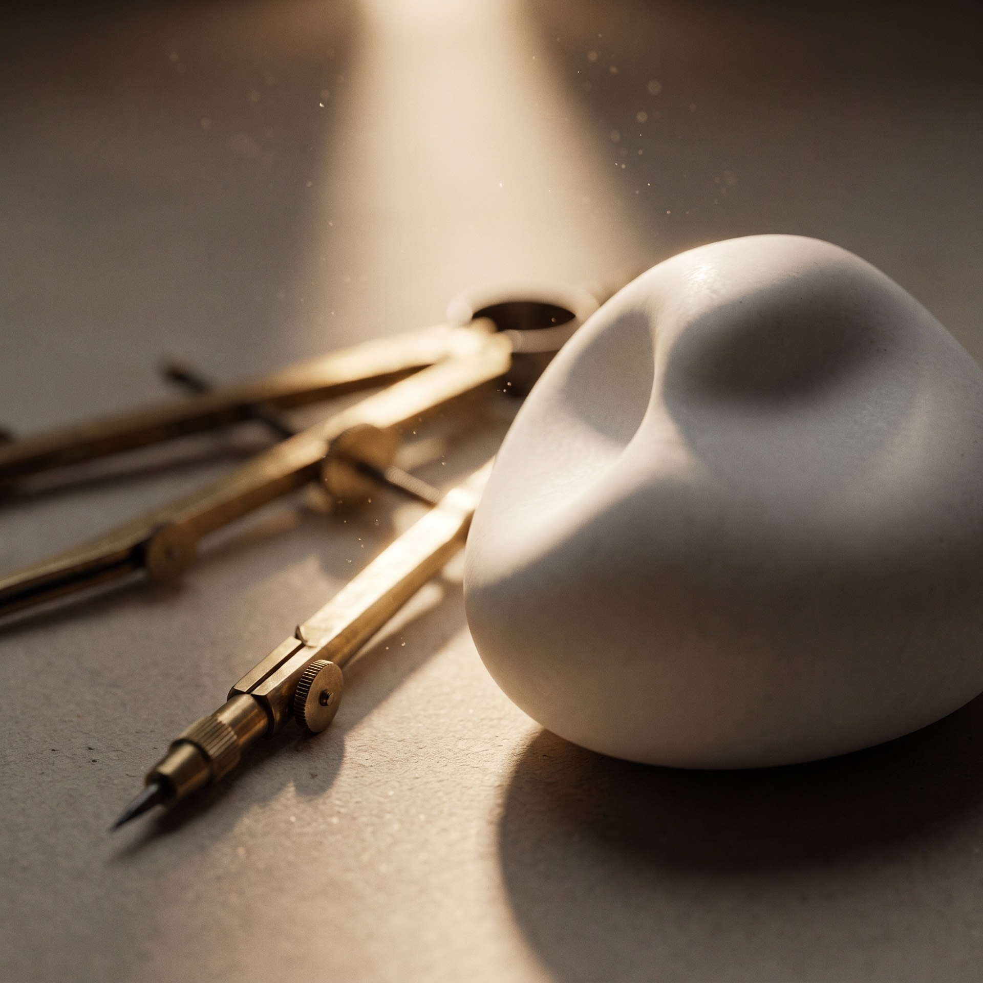 Ceramic dental study form beside fine brass measuring tools in warm light